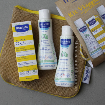 Mustela Kit Viago (Мустела) – солнцезащитный набор для малышей с соломенной косметичкой 1129 фото