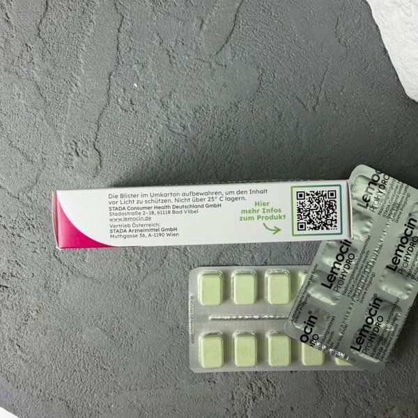 Lemocin ProHYDRO (Лемонцін) - зволожувальні пастилки для горла з лаймом та ментолом (від 4 років) 20 пастилок Німеччина 2064 фото